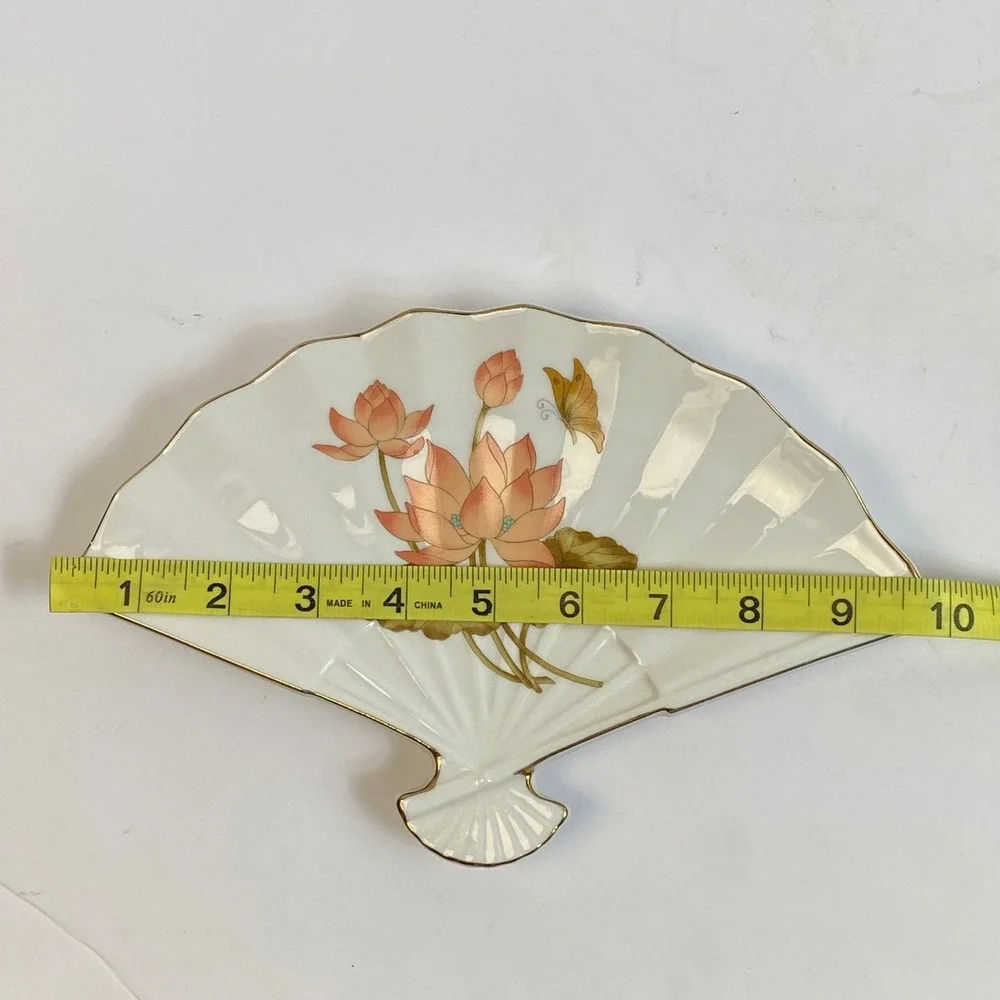 Japan Bijutsu Toki Fan Shaped Porcelain Trinket Dish White Pink Lotus Gold Rim